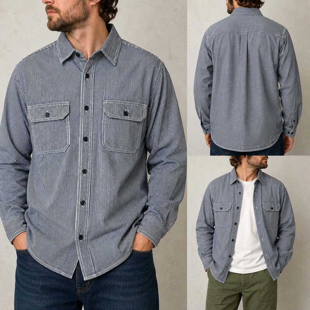 KEY Railroad Stripe Button Up Work Shirt Cotton Utility Engineer Shirt Large